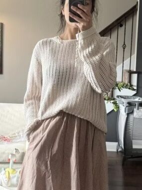 Beachy Coastal Crochet Openwork Crewneck Pullover Sweater